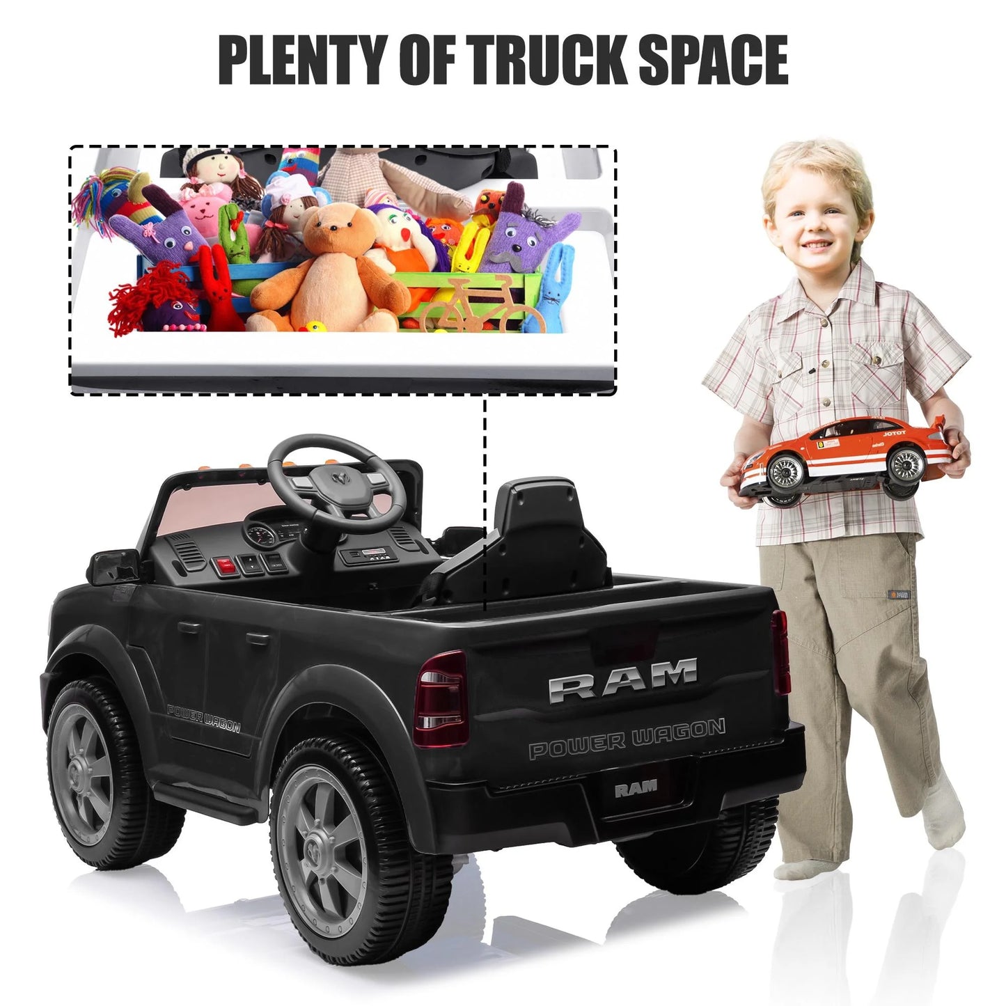 Dodge RAM Ride on Car, 12V Powered Ride on Toy with Remote Control, Rear Wheel Suspension, 5 Point Safety Belt, MP3 Player, Bluetooth, LED Lights, Electric Vehicles for 3-8 Years Boys Girls, Blue