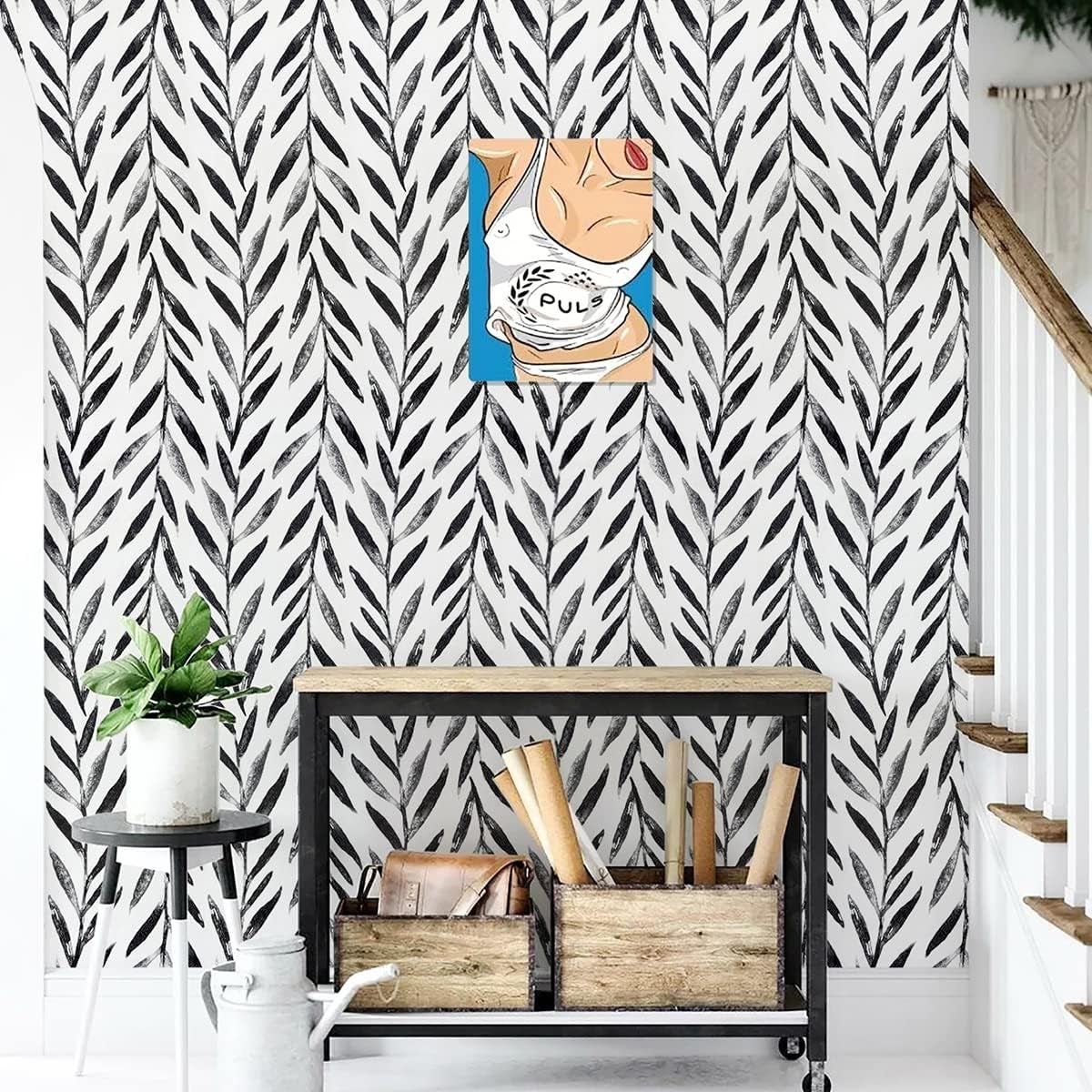 Black and White Peel and Stick Wallpaper Leaf Contact Paper 17.7 Inch × 393.6 Inch Black and White Contact Paper Peel and Stick Wallpaper for Bathroom Self Adhesive Decorative Wall Paper