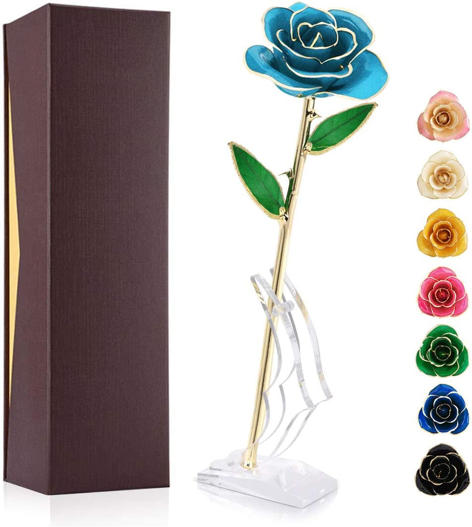 for Mom, Natural Rose Dipped in 24K Gold Romantic Proposal Present for Girlfriend Wife Her on Birthday Christmas Day Valentines Day Anniversary, Light Blue Rose with Rose Stand