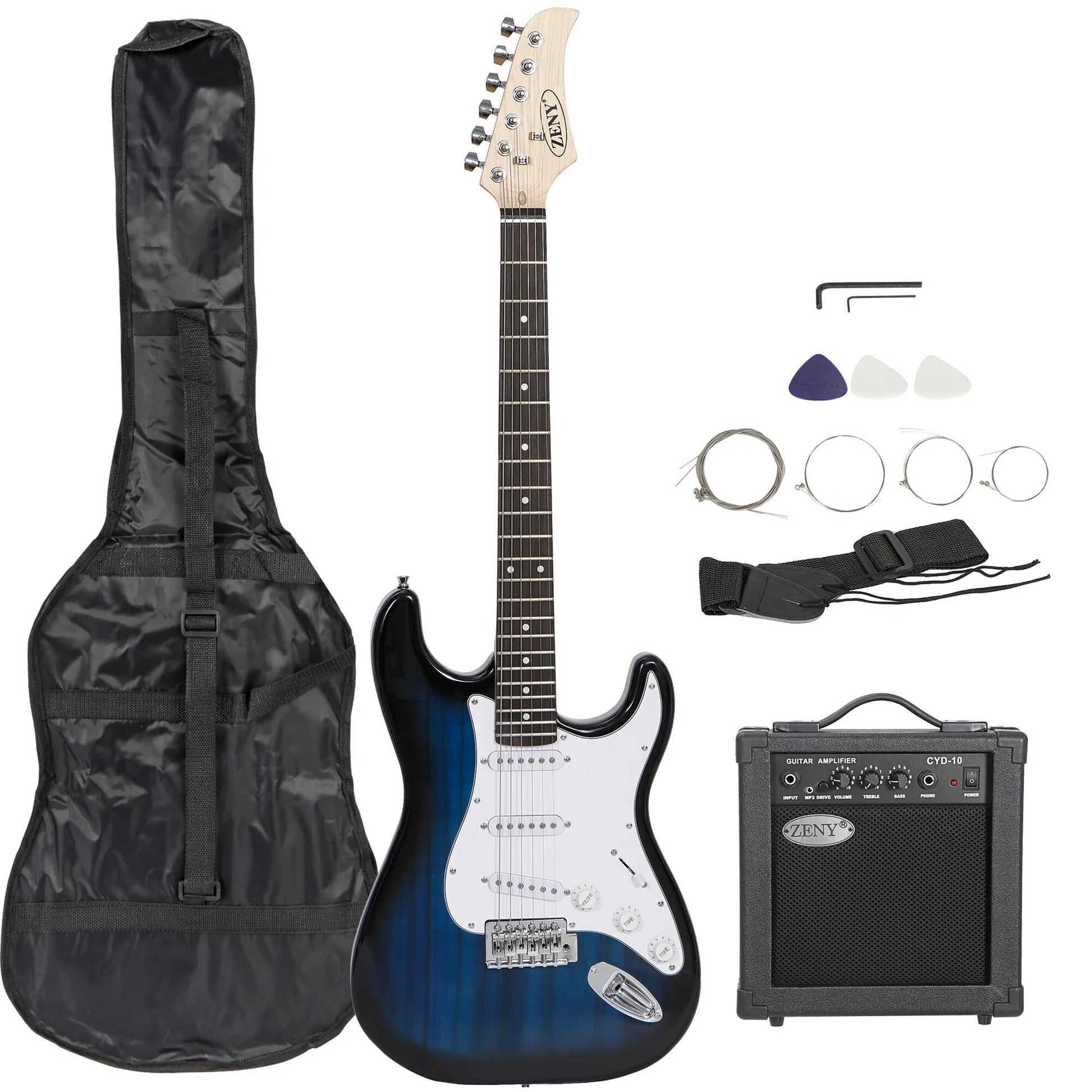 39" Full Size Electric Guitar with Amp, Case and Accessories Pack Beginner Starter Package, Blue