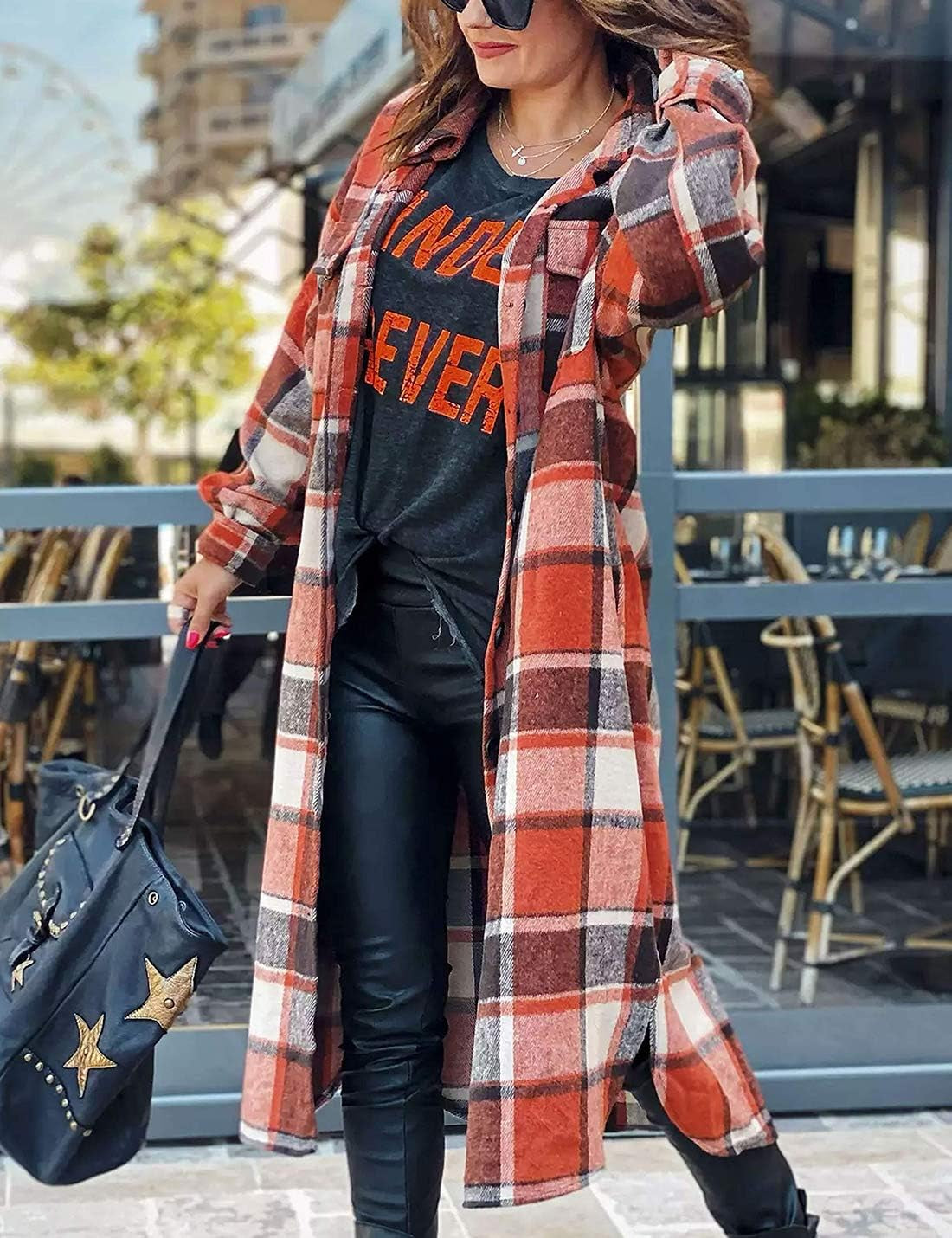 Women'S Flannel Plaid Shacket Fall Oversized Long Button down Shirt Jacket Shackets