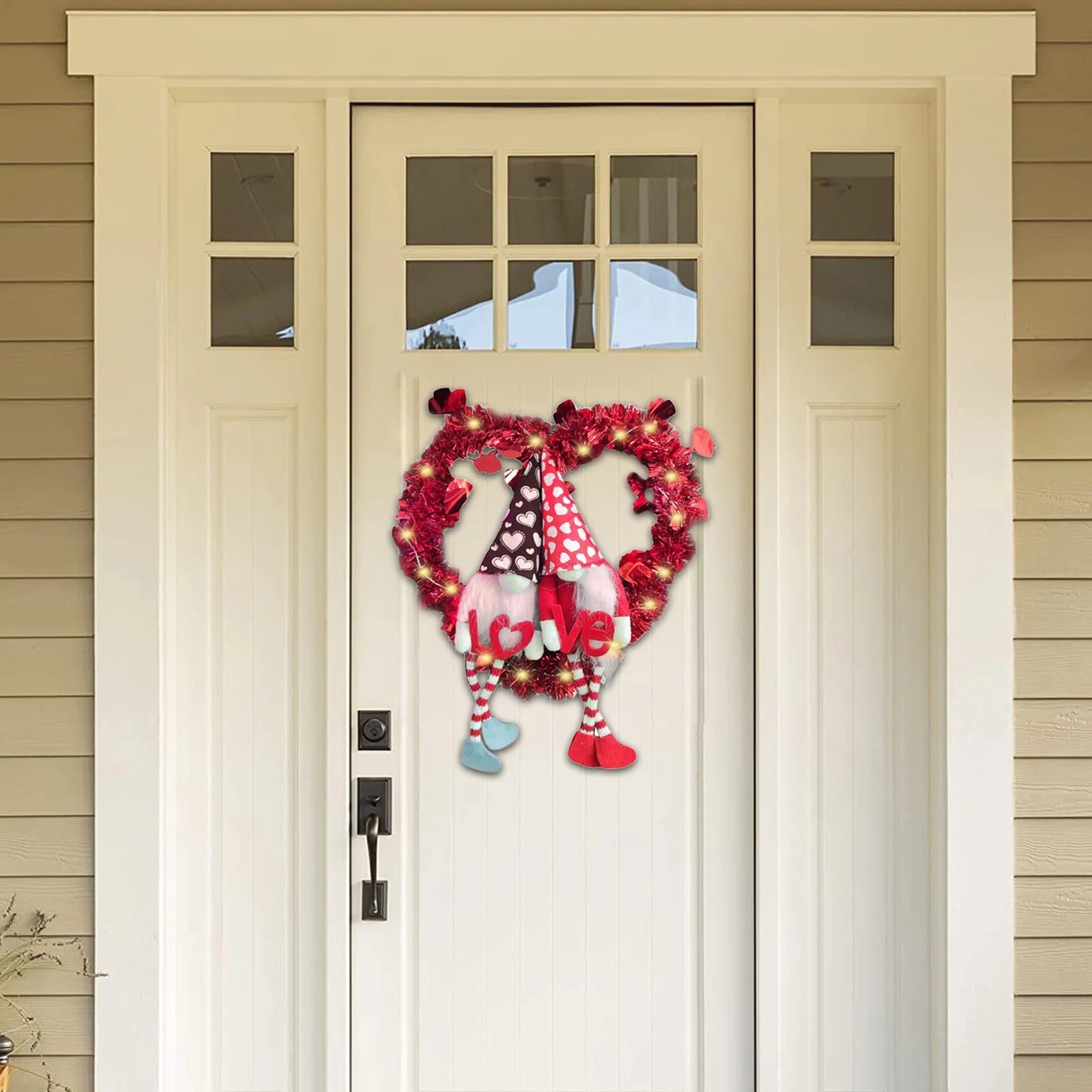 Valentines Day Wreaths Signs for Front Door Heart Shaped Wreath with Doll Bows Artificial Decorative Wreath Luminous Cute Romantic Gift for Girlfriend Wife Wedding Valentines Day Decor