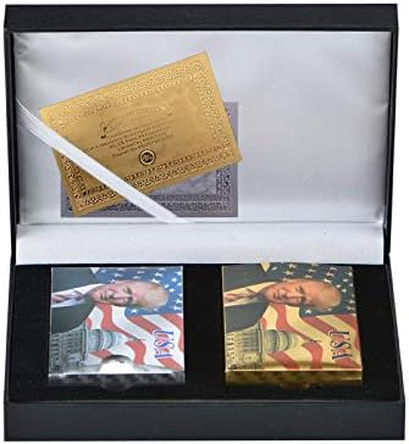 Donald Trump Playing Cards - Gold Plated Playing Cards Gold Plated Deck of Waterproof Poker Cards for Game for Table Games Good Gift for Friends, Men, Boyfriends (Gold&Silver W/Box)