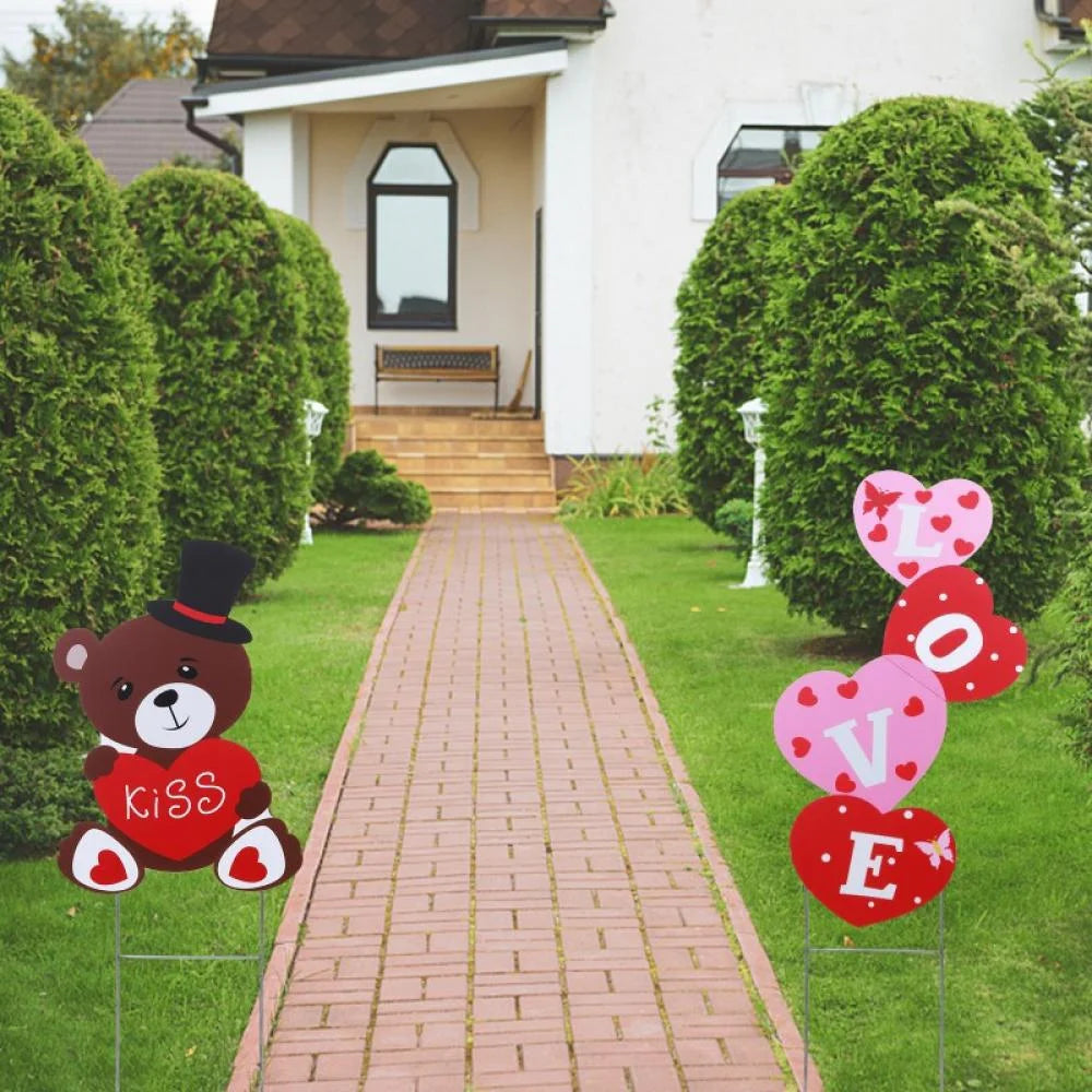 Valentines Yard Signs 12” X 18” "Love" Bear Heart Decor Outdoor Decorations (2 Count)